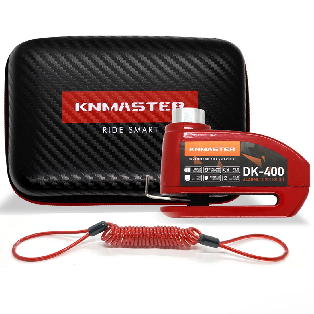 Knmaster Disk Kilidi DK-400 7mm Alarmlı + HATIRLATMA KABLOSU VE ÇANTA HEDİYELİ ( Kırmızı )