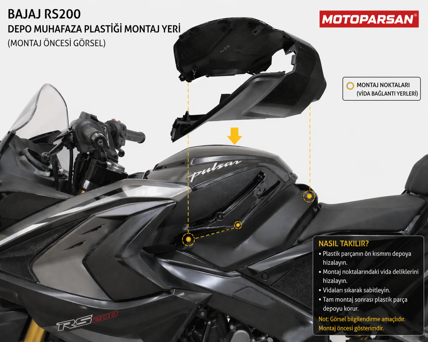 Bajaj Pulsar RS200 Depo Muhafaza Plastiği Arka Takım Grenaj